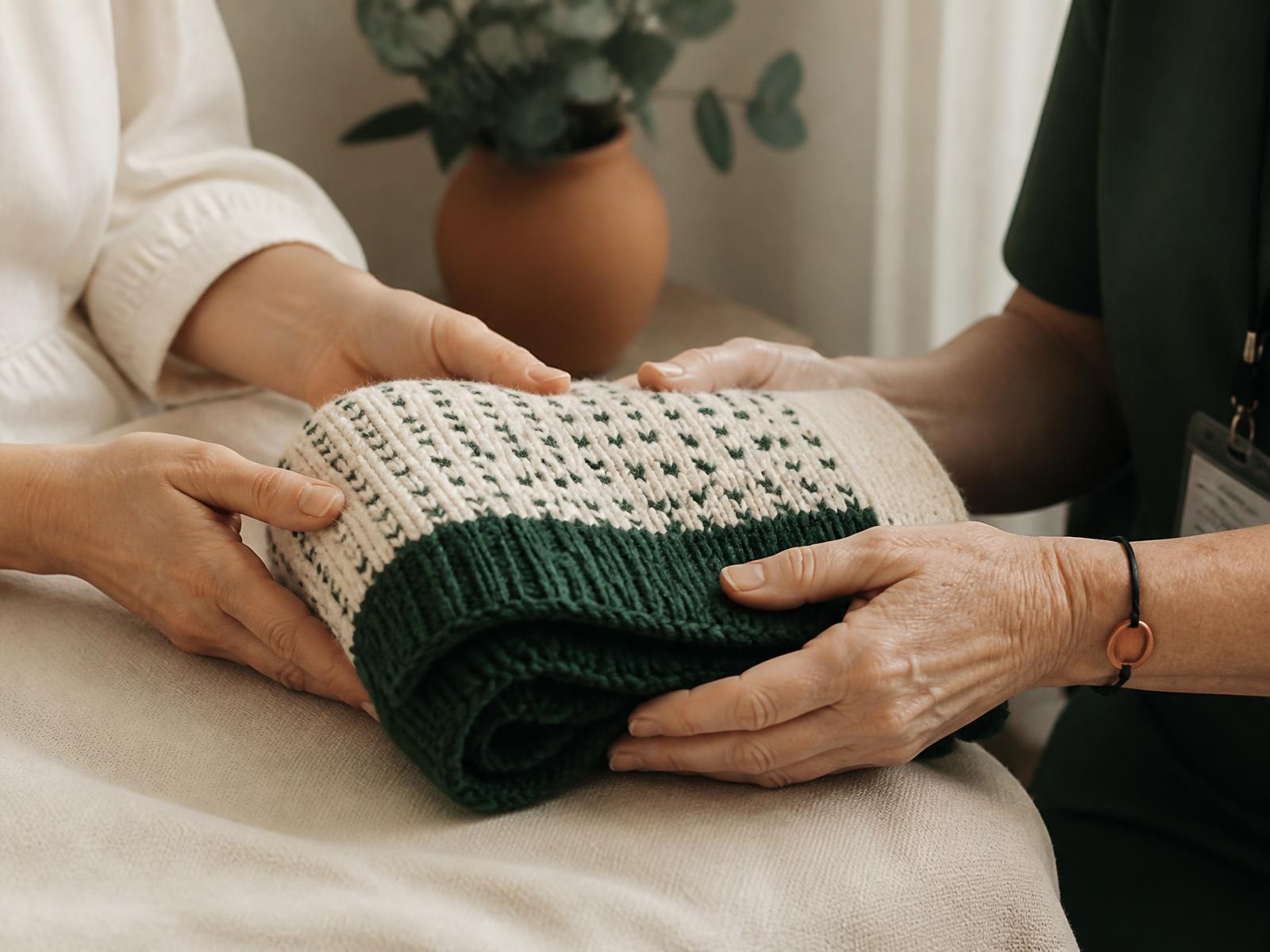 A surrogate and an intended parent holding a folded knitted baby blanket
